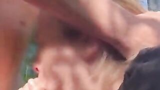 Horny blonde gets face fucked outside before shooting his cum in her mouth