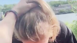 Horny blonde gets face fucked outside before shooting his cum in her mouth