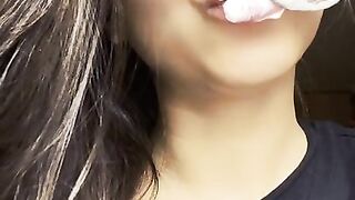 I eat cream. Juicy lips