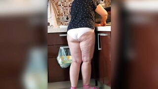 Mature BBW MILF in the kitchen in white panties.